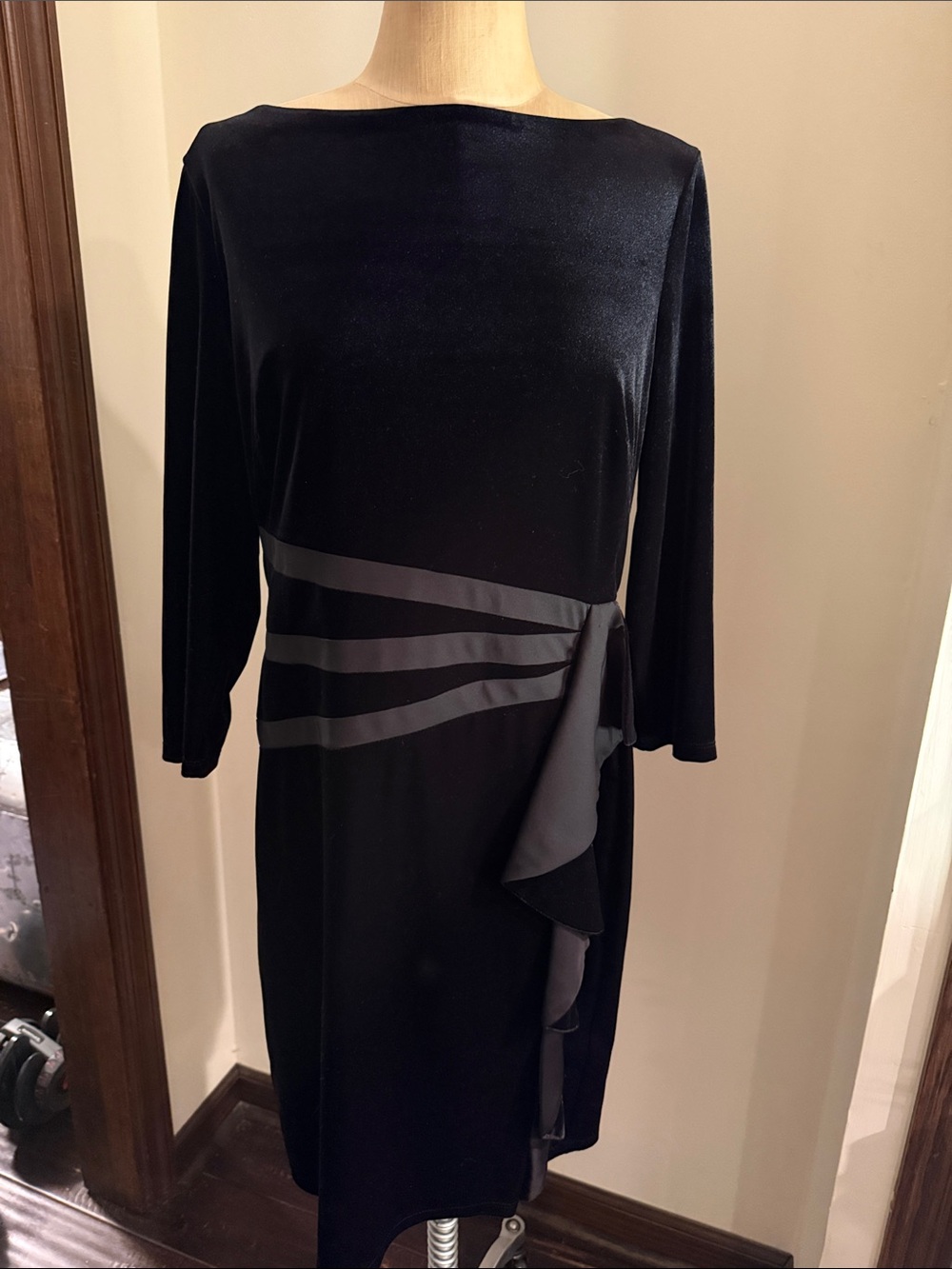American Living Black Long-Sleeve Boatneck Dress with Side Ruffle